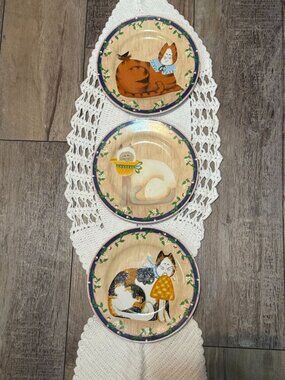 Set Of 3 Sakura Garden Cats Plates Vintage Stoneware